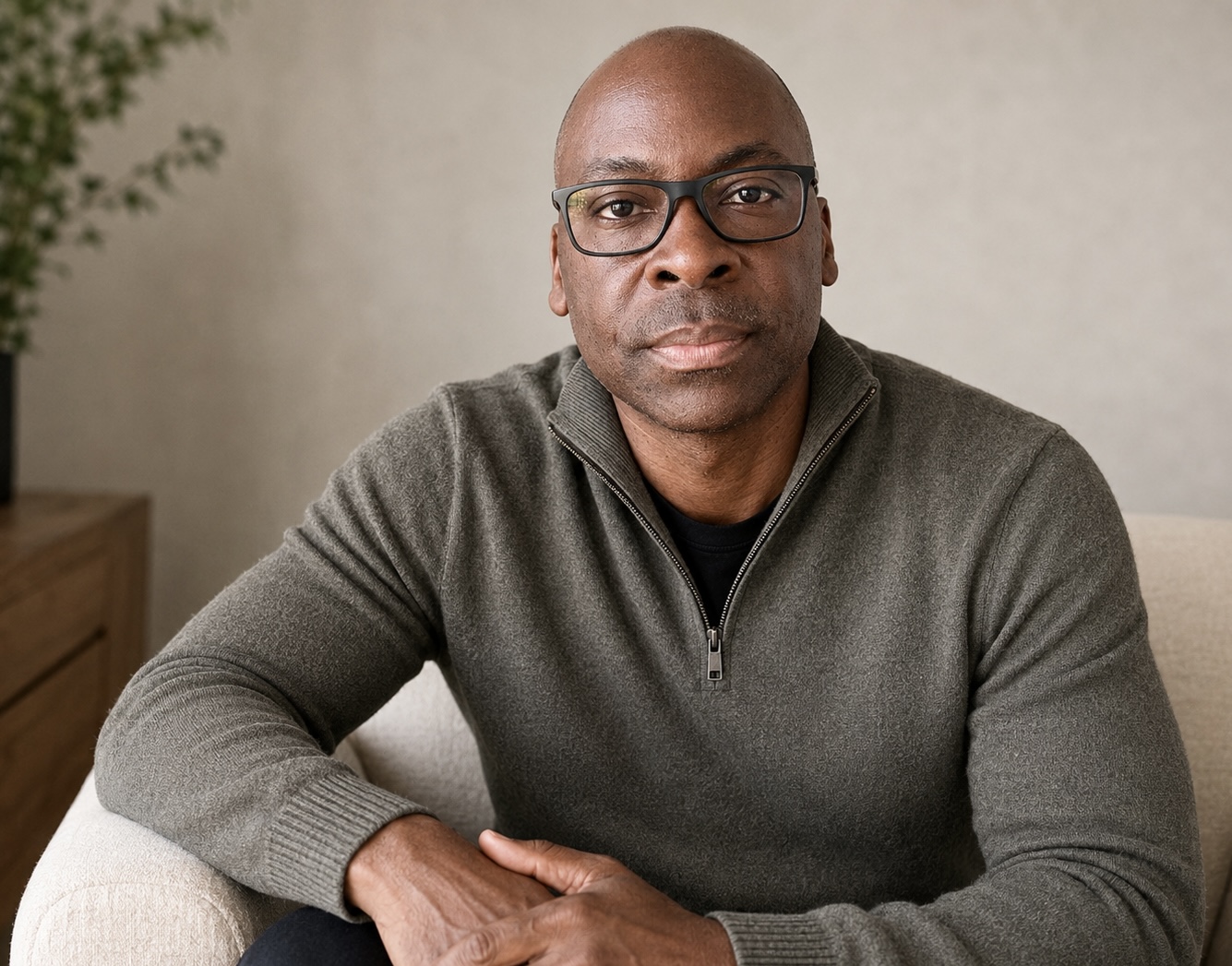 Sammie Cooper seated indoors in a gray quarter-zip sweater.